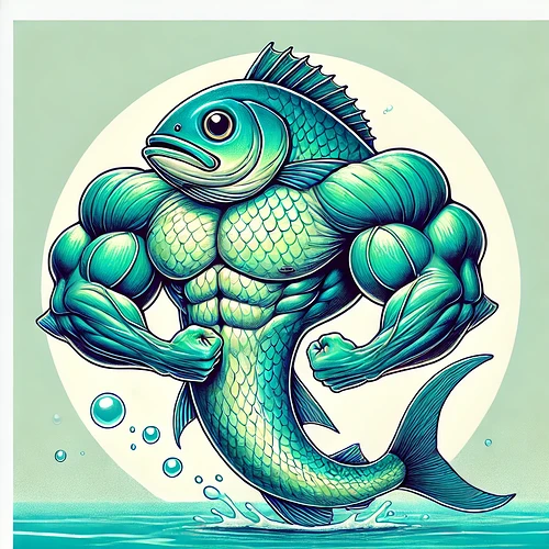 DALL·E 2024-11-12 09.30.57 - A detailed illustration of a fish with exaggerated muscular arms. The fish has large, defined biceps and triceps, giving it a humorous yet strong appe
